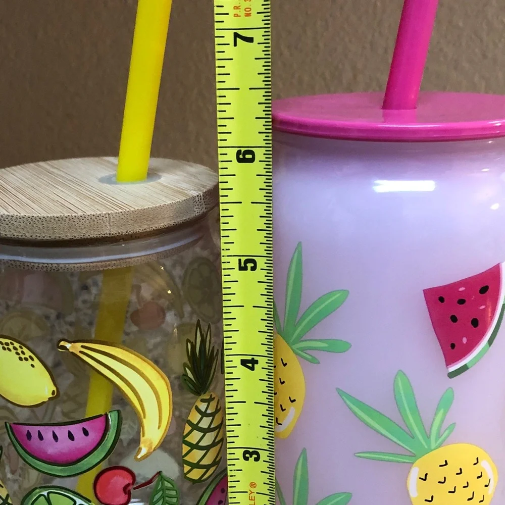 Fruit Print Mason Style Tumblers with Straws - Yellow & Pink